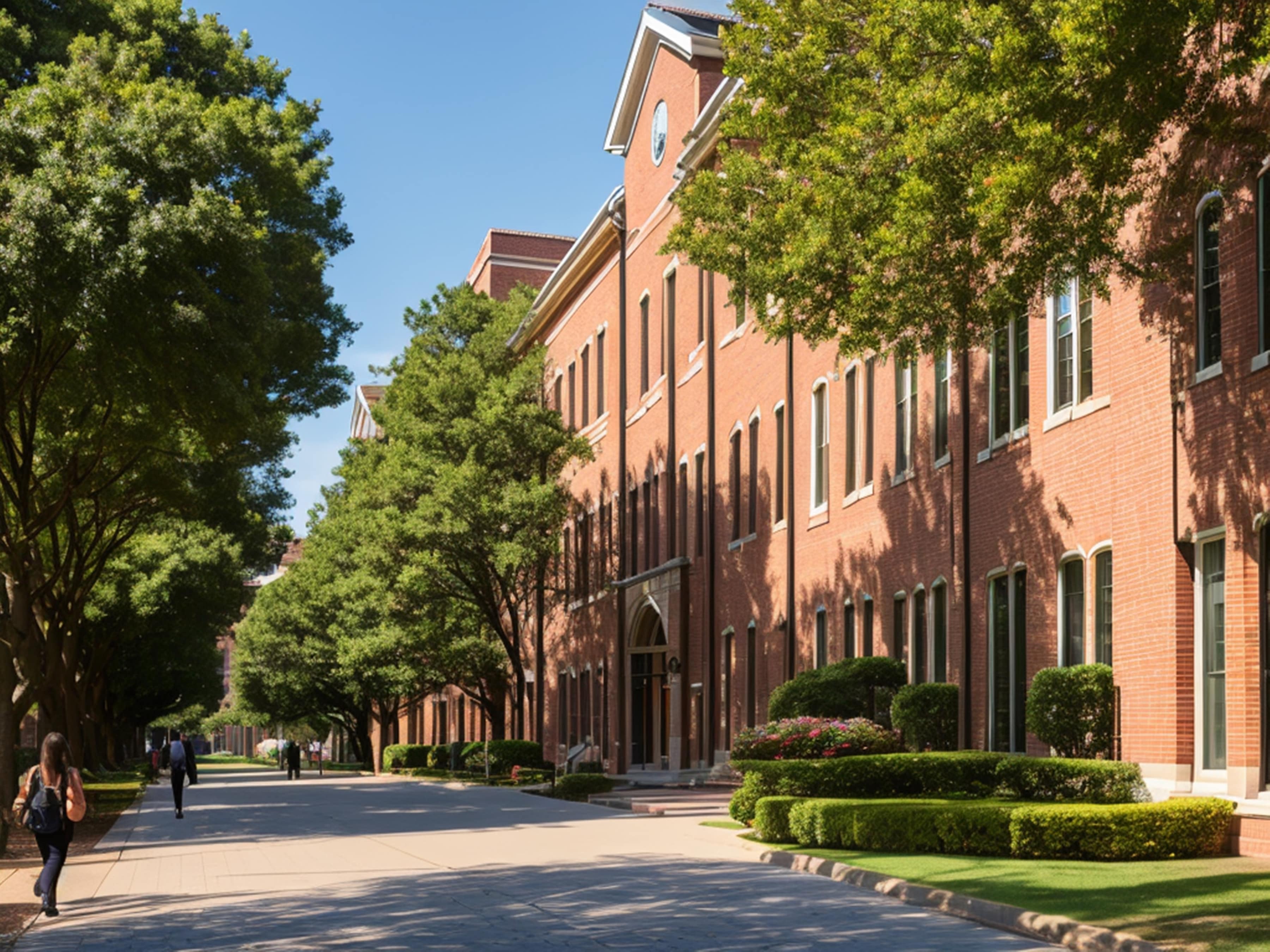 Brick building with tree lined street sign that says college business